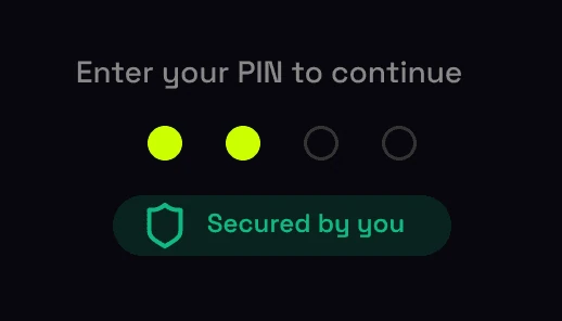 The PIN entry screen: “Enter your PIN to continue”, with the message “Secured by you”
