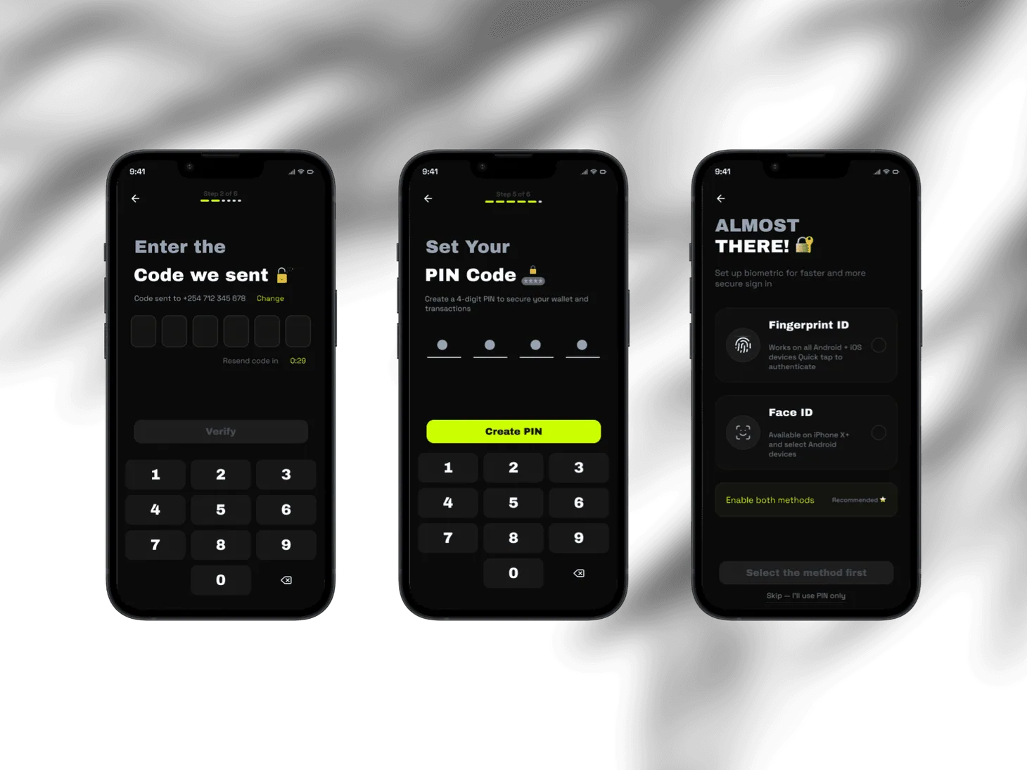 Three onboarding screens: verifying a code, setting a PIN, and enabling biometric sign-in