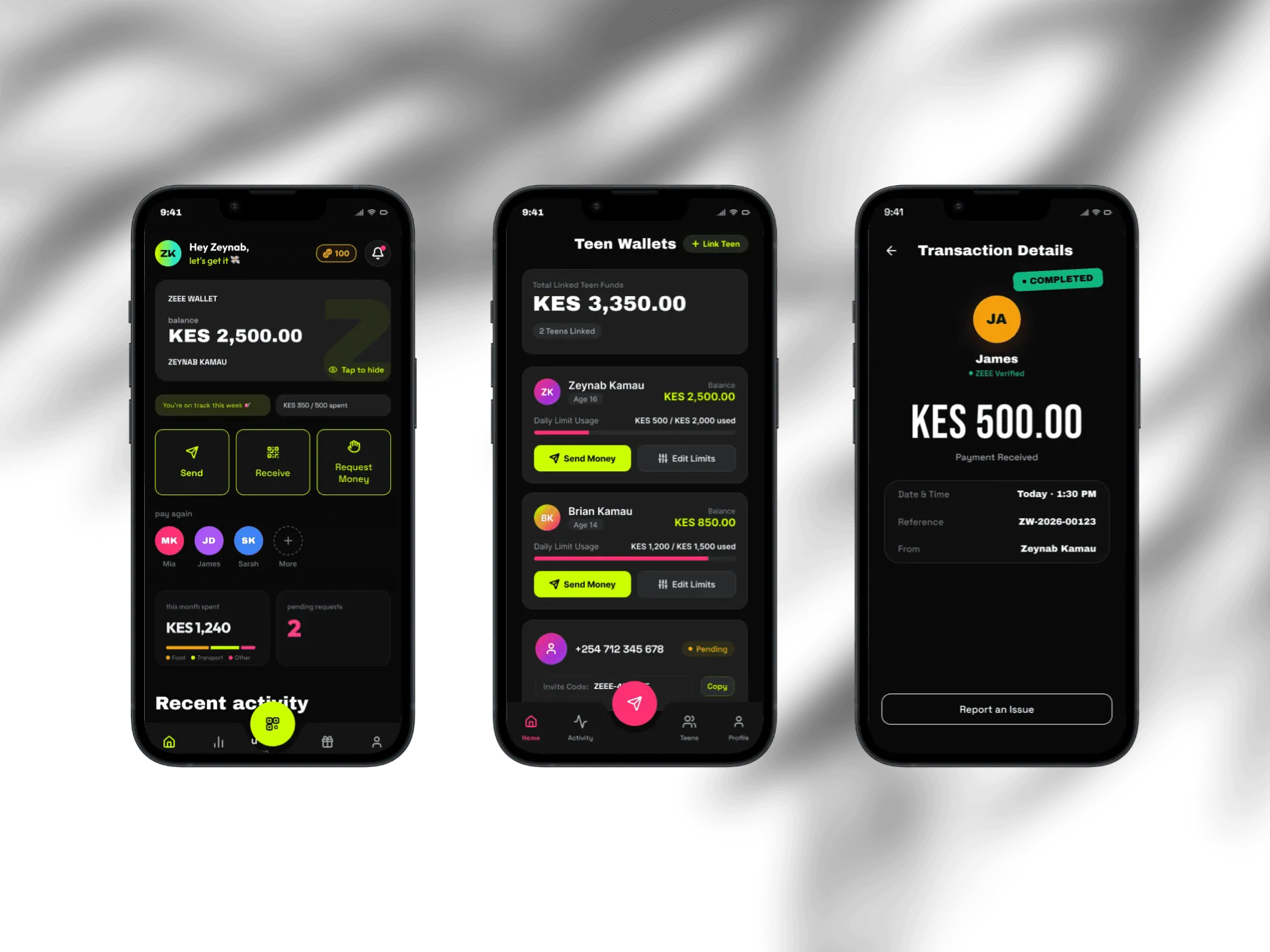 Three phones: the teen home screen, a parent's Teen Wallets screen and a transaction receipt