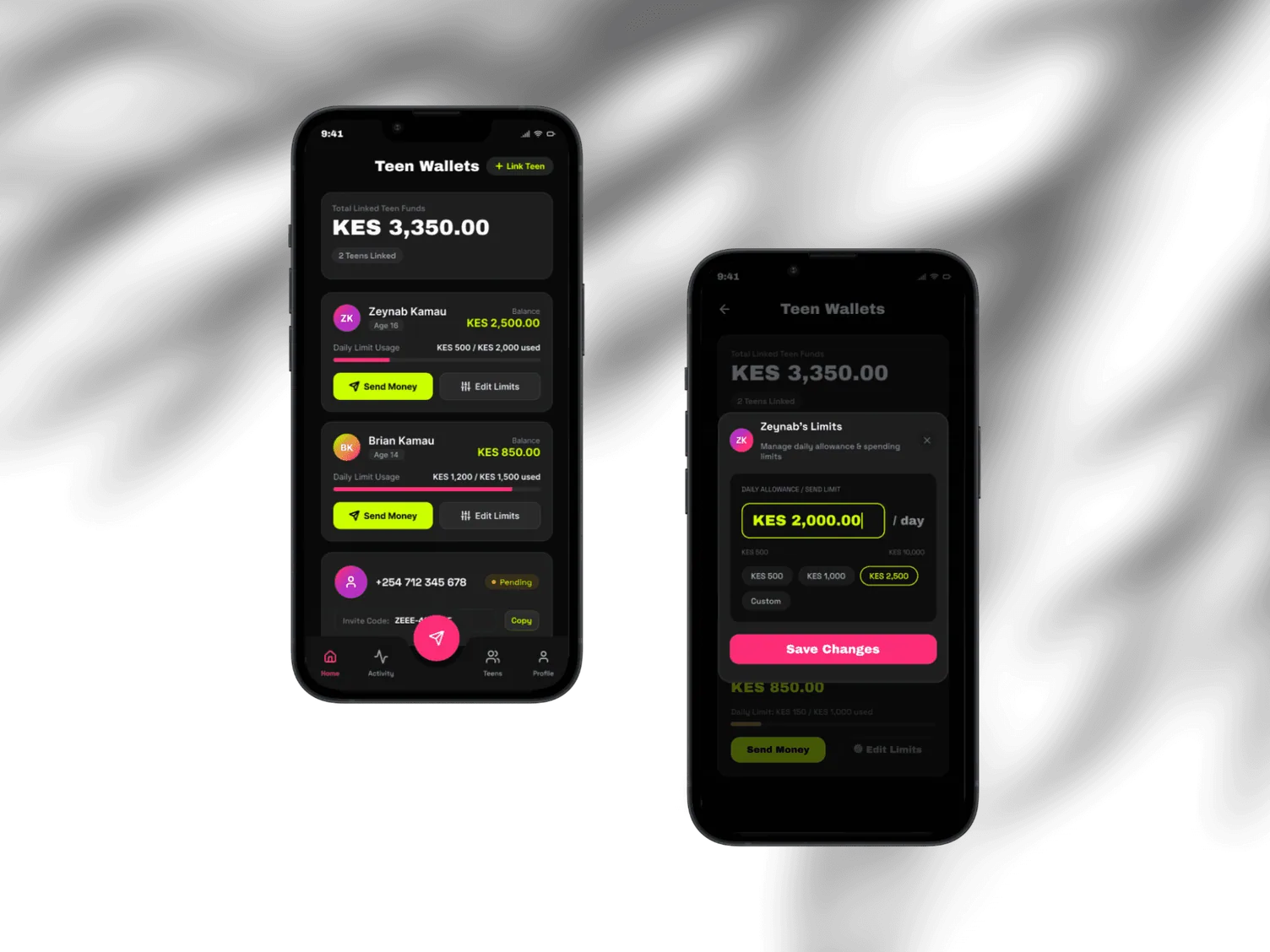 Two phones: a parent's Teen Wallets list with each teen's balance, and the limits sheet for setting a daily allowance