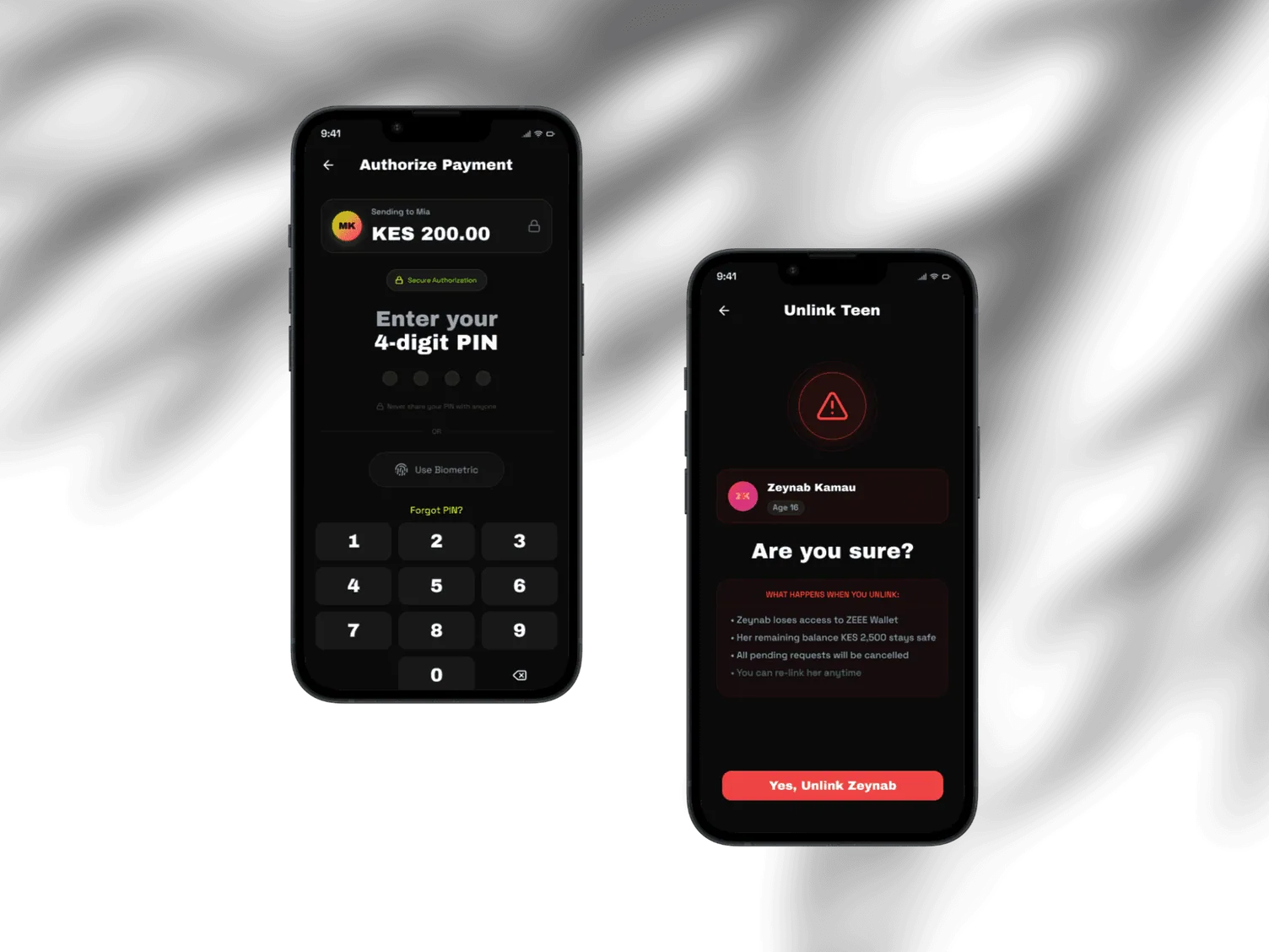 Two phones: the Authorize Payment PIN screen, and the confirmation shown when unlinking a teen