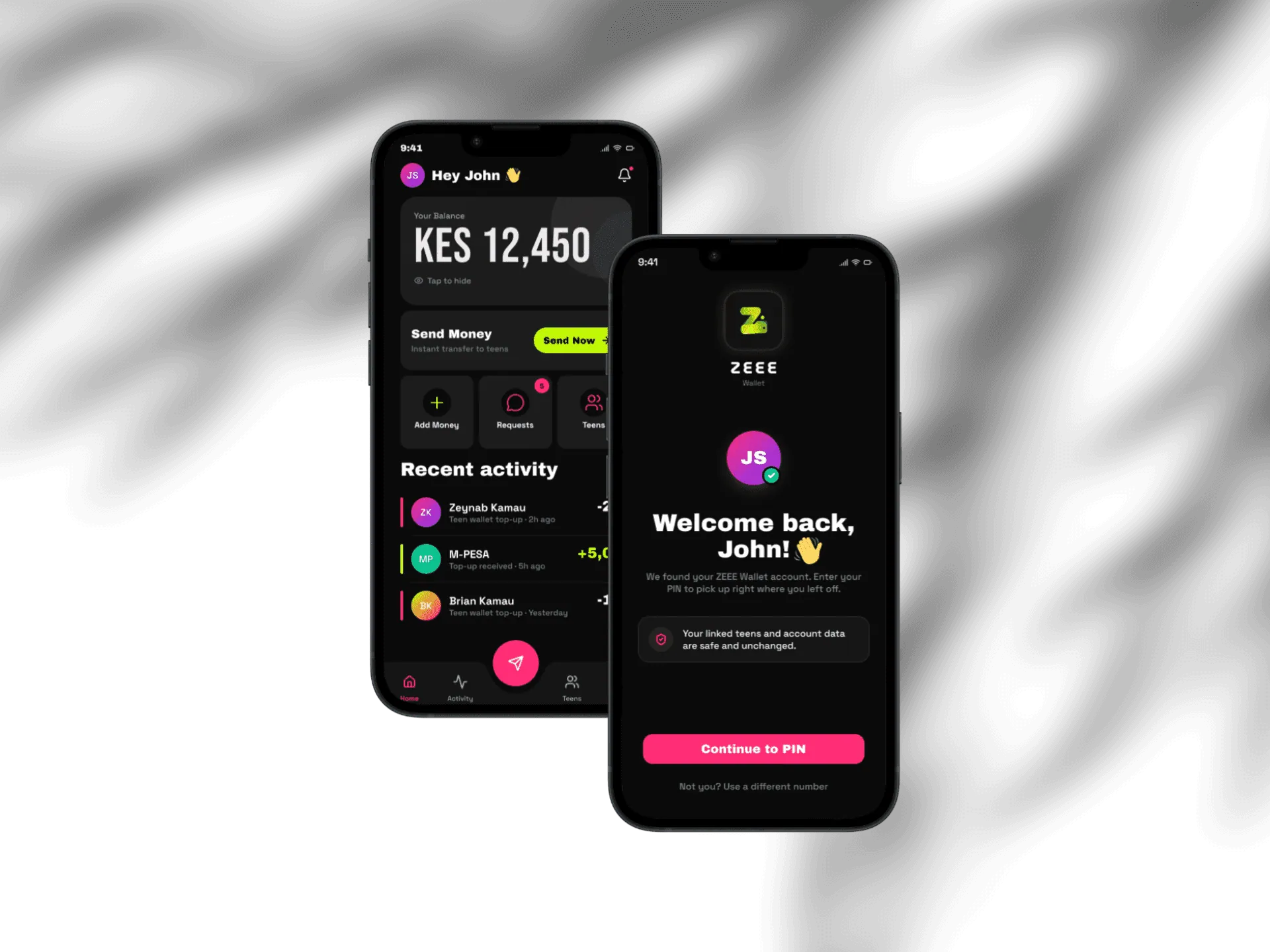 The ZEEE app on two phones: a parent's wallet home screen and the welcome-back PIN screen