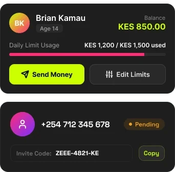 A teen's balance and daily limit, and an invite code pending