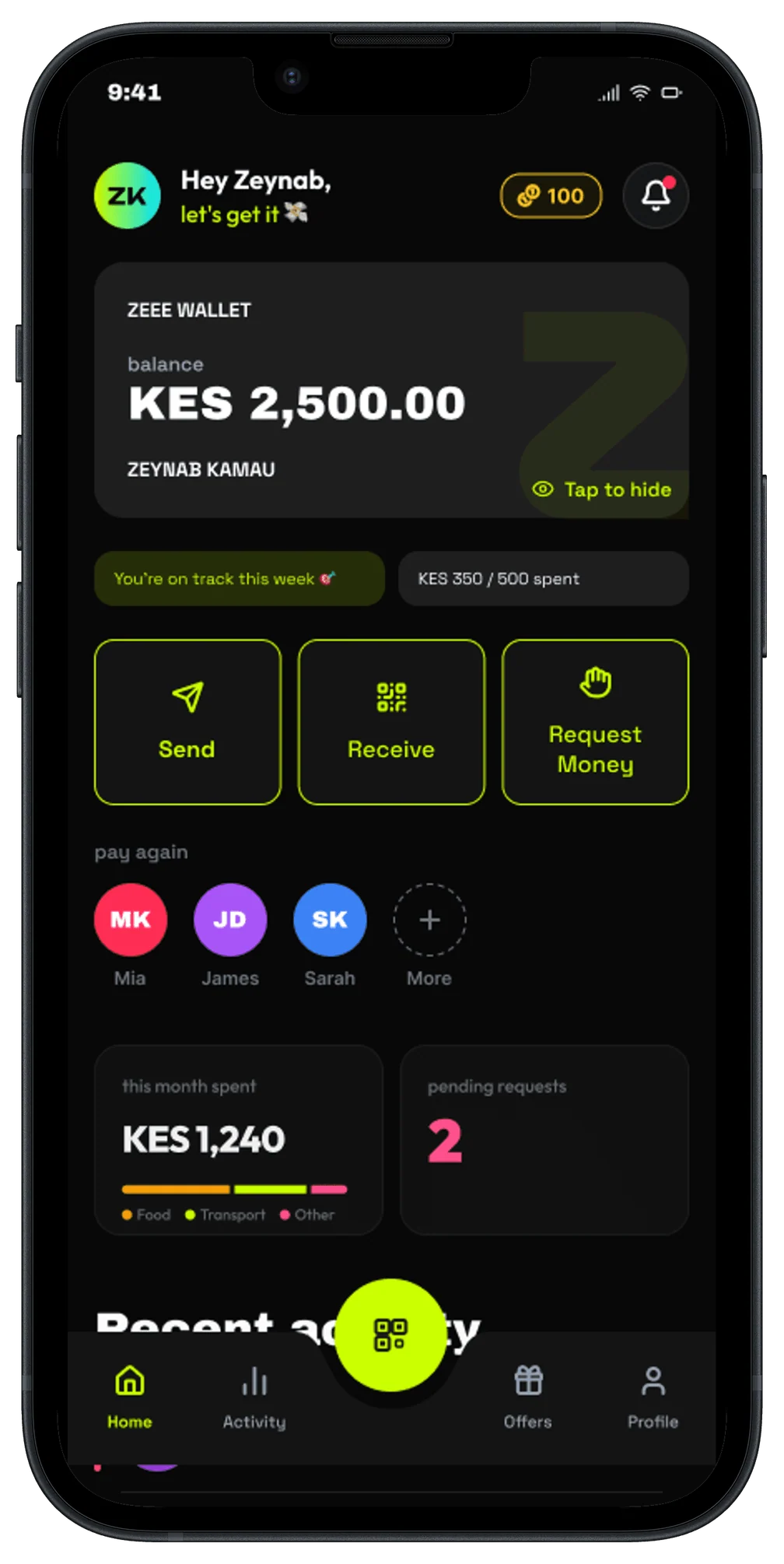 The ZEEE app: a teen's wallet with balance, send, receive and request actions